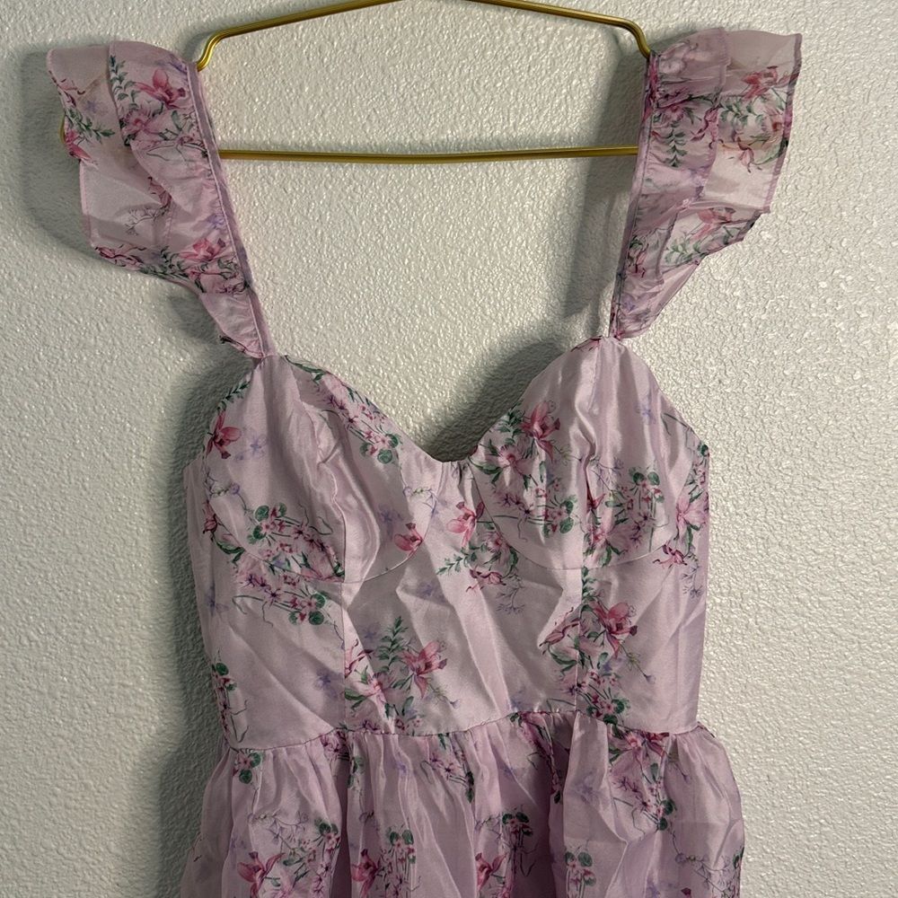 NWT-Lulus- Sweetest Emotion Lilac Floral Ruffled Tiered Bustier Midi Dress-small - Picture 8 of 16